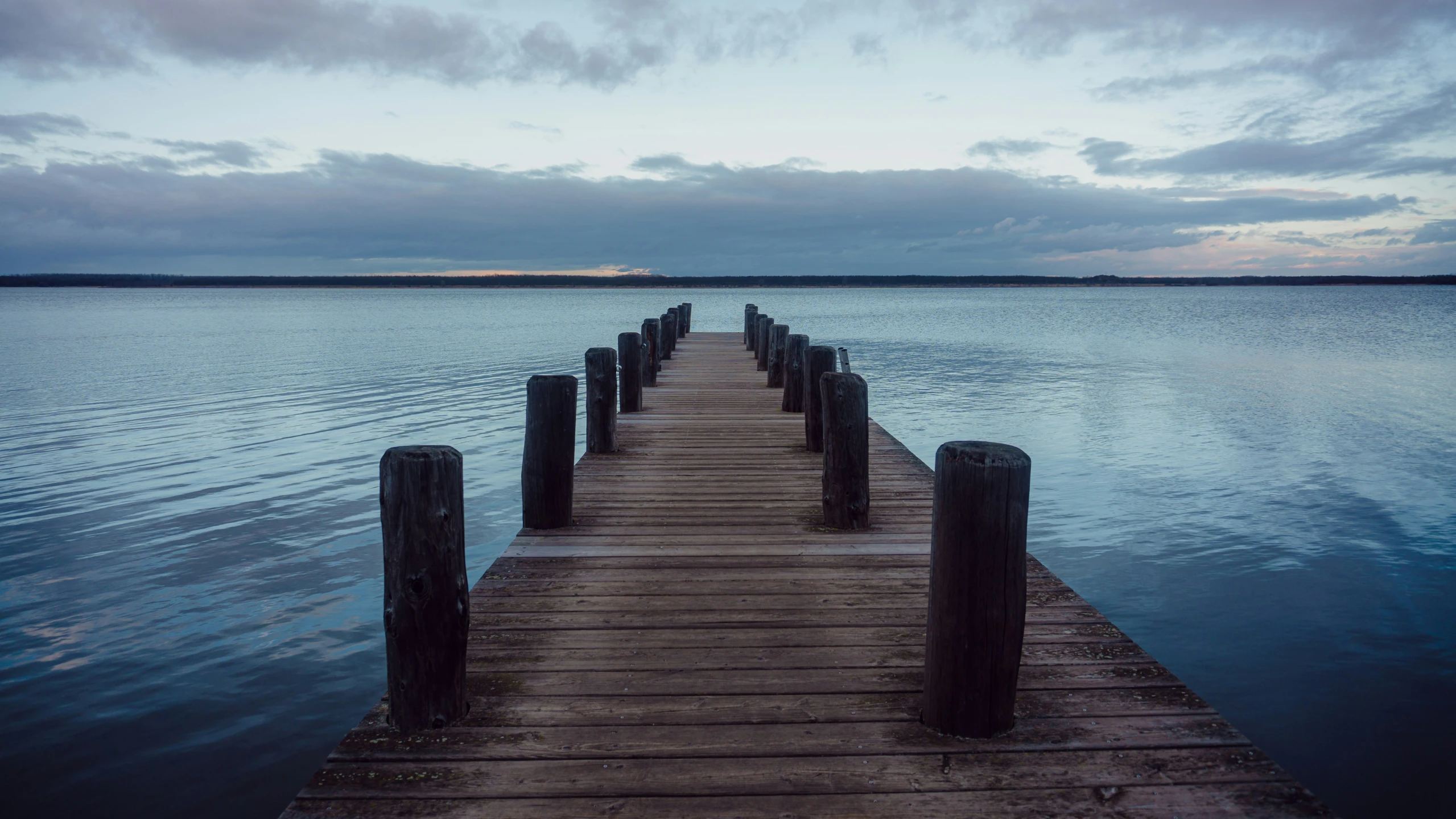 a view of a pier with many posts in the water