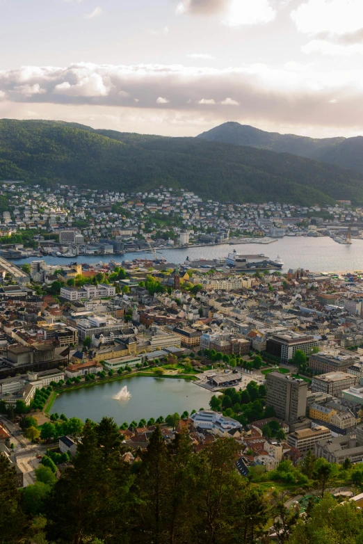 an overview pograph of a city that is surrounded by mountains