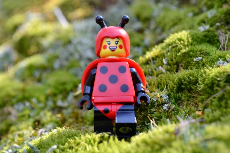 small toy lady bug figurine standing in the green grass