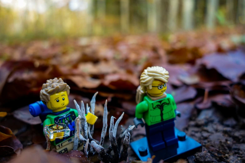 two small lego figures in the woods