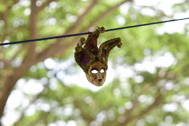 a mask hanging from a string near a tree