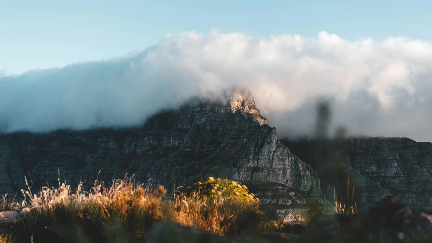 a mountain with low clouds is in the distance