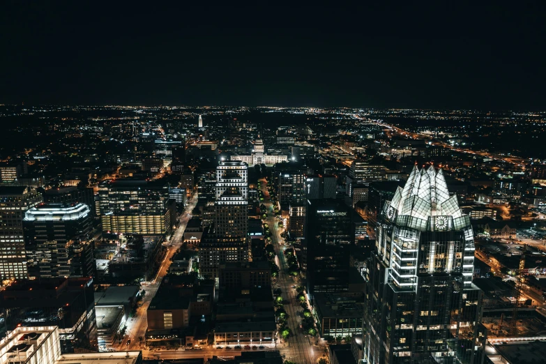 a view of the city lit up at night