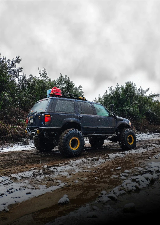 a big vehicle is parked next to the trees