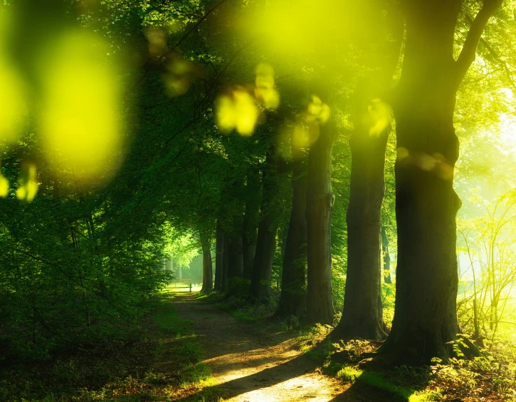 sunlight filters into a shaded forest pathway through grass