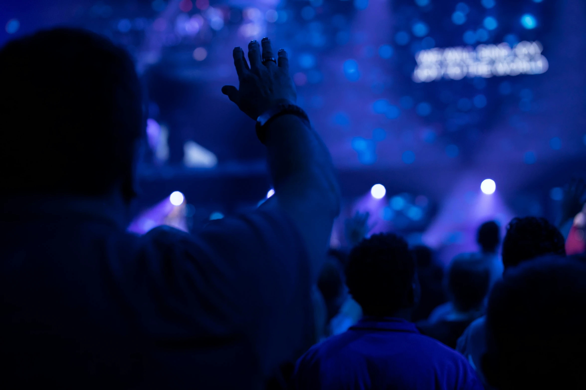 a person in the background waving at a concert