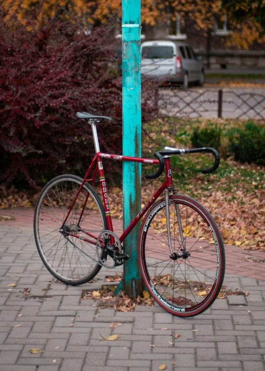 a red bicycle sits next to a green pole