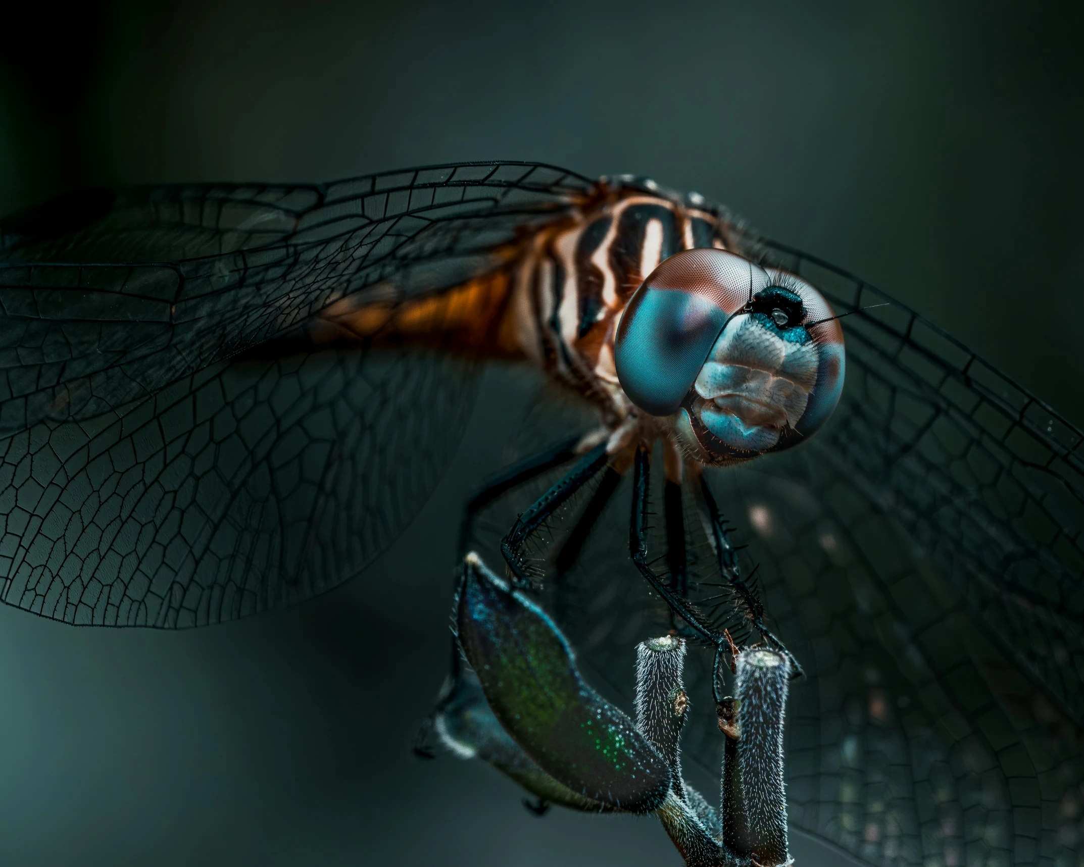 a dragonfly with colorful markings sits on a nch