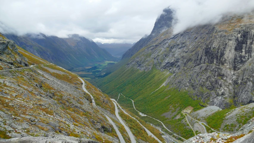 the view down at a long winding road