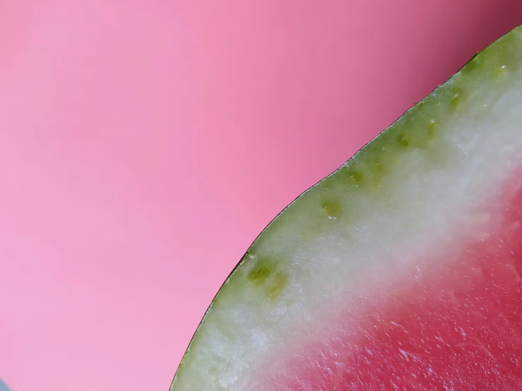 close up of slice of green kiwi against pink background