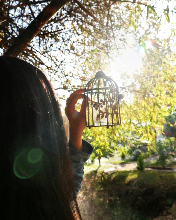 a person holding up a cage with three birds