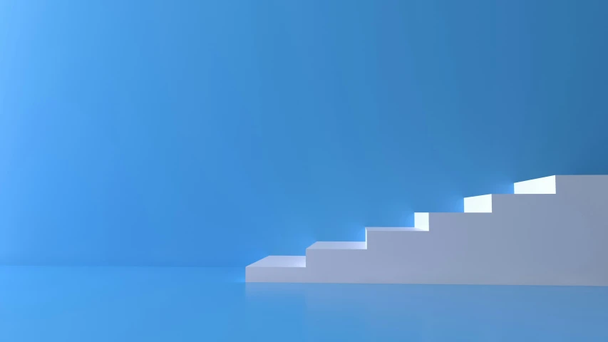 a white stairs against a blue sky with sun lights