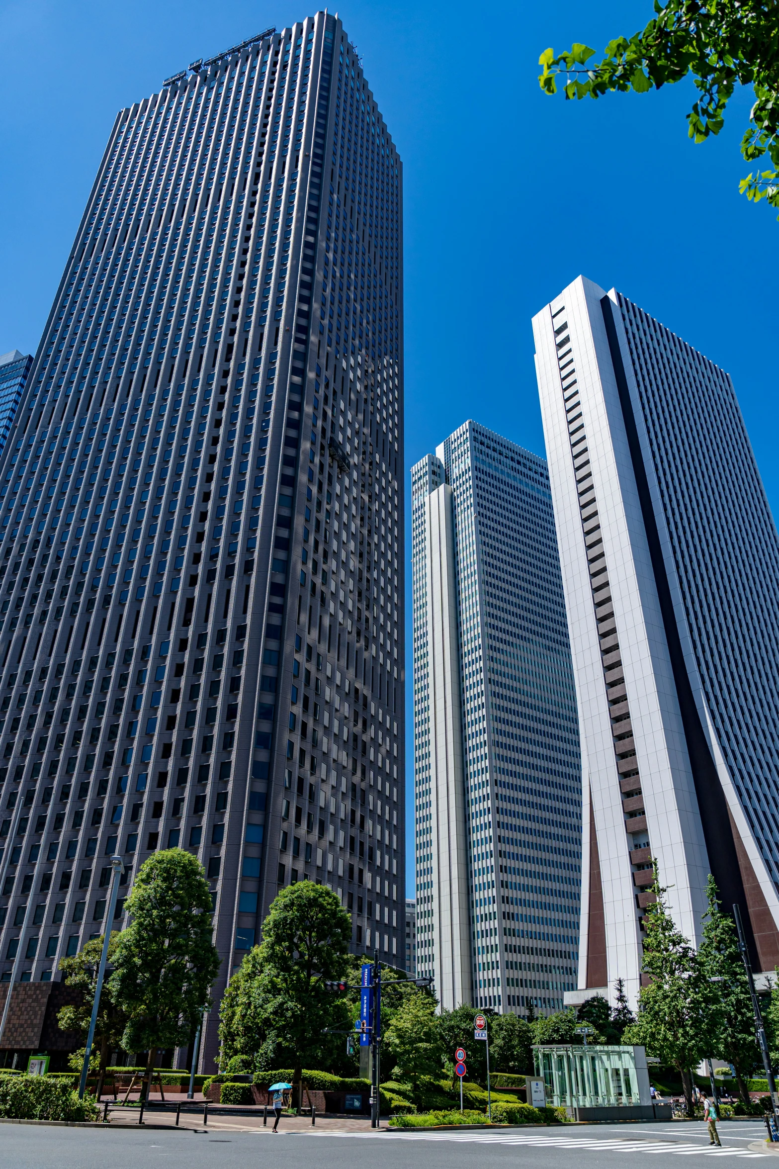 three large buildings with green trees in front