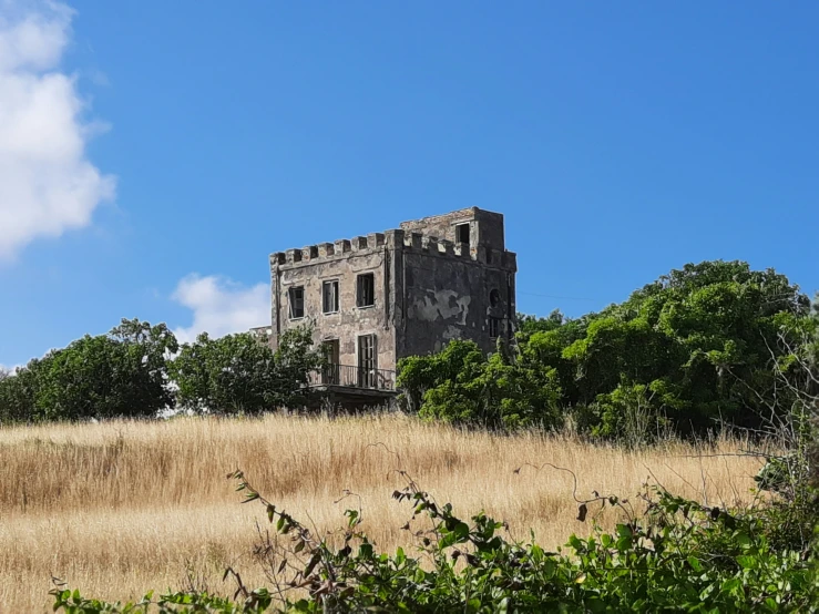 a castle like structure stands in a field with dry grass