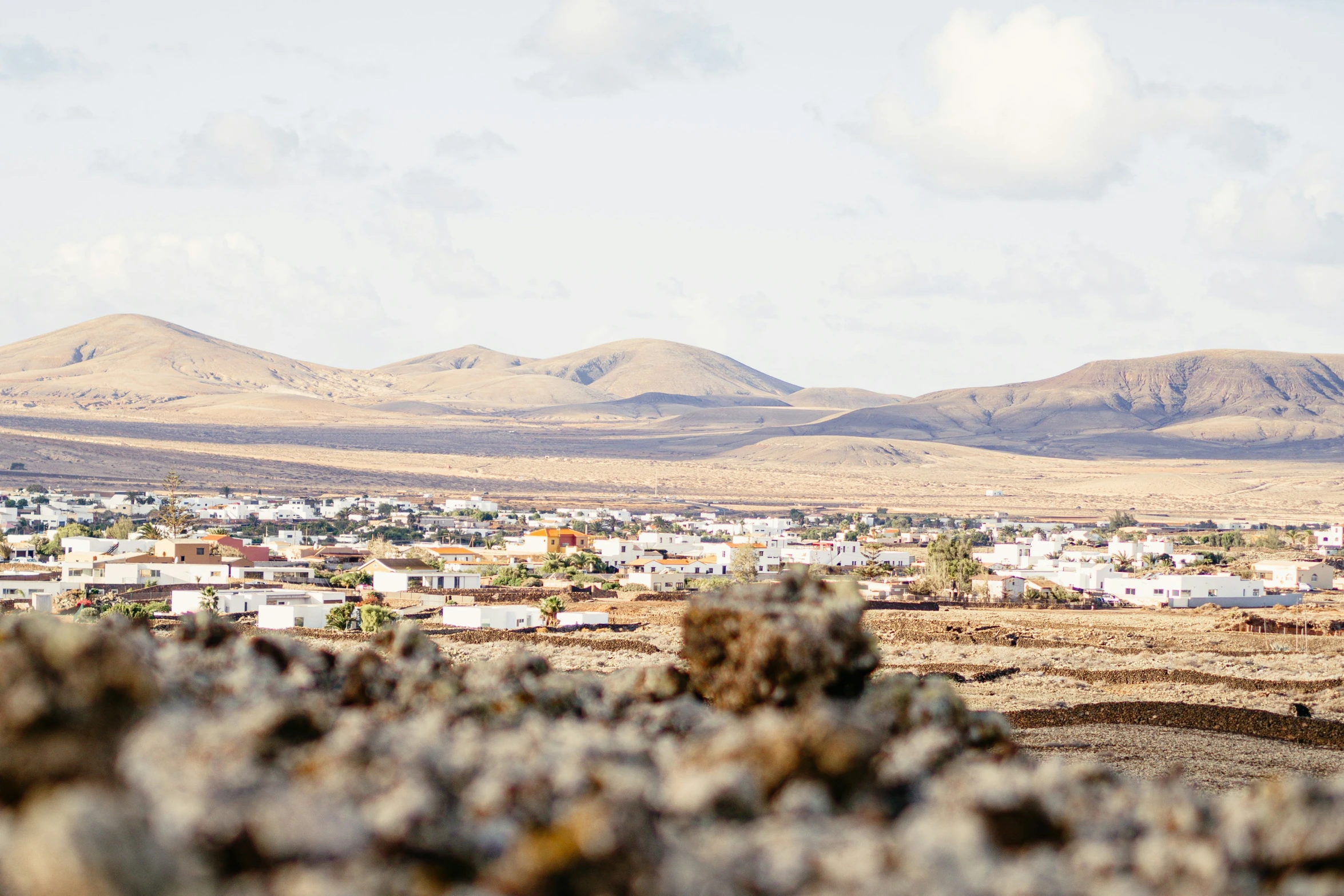 there is a small village and some hills in the background