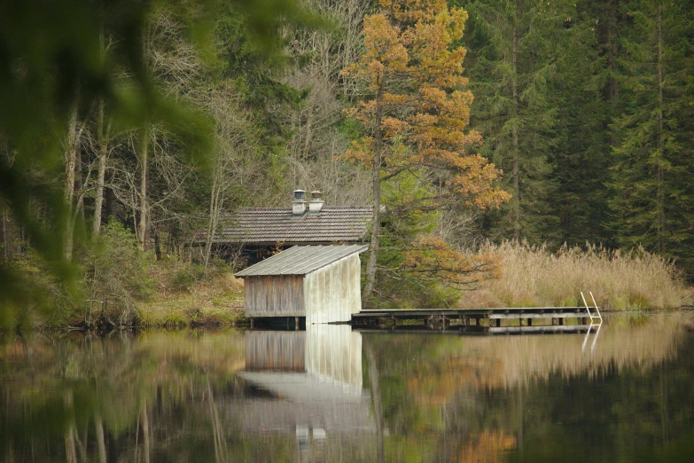 a small building sitting next to a lake filled with lots of trees