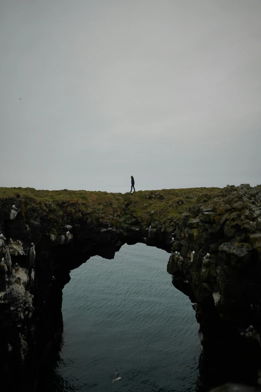 a person walks across a bridge over a stream in an area with some grass and rocks