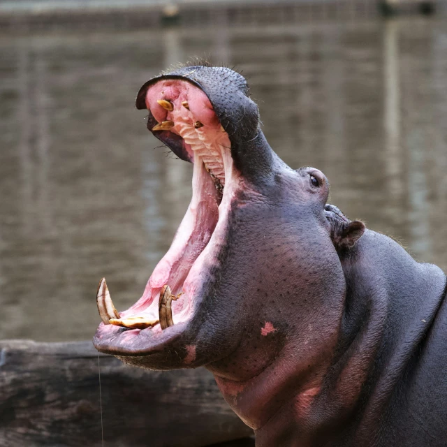 the hippo has his head open wide with it's mouth open
