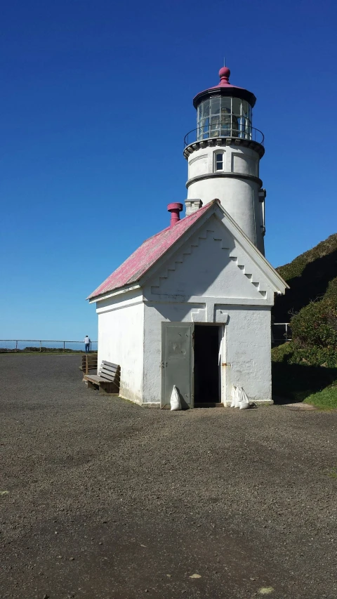 a lighthouse surrounded by grass on the shore