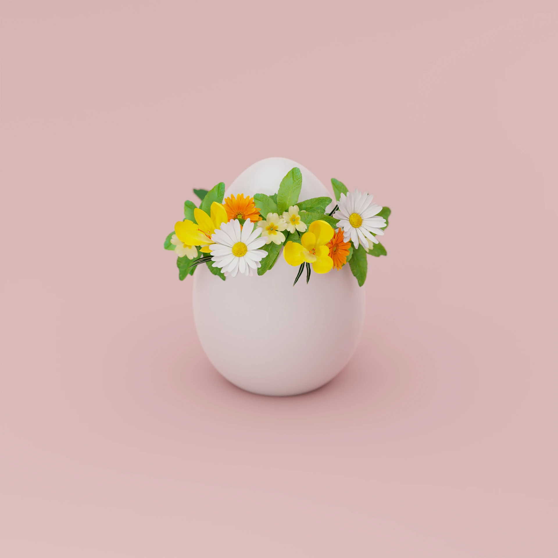 flowers in an egg shell on a pink background