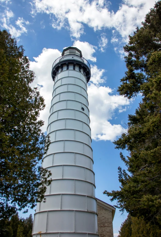 the large white tower stands tall with trees around it