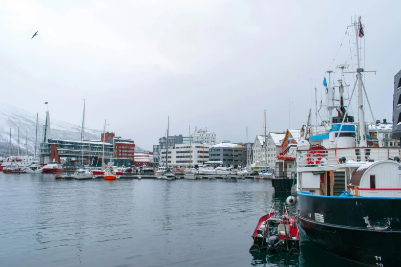 the boats are in the bay next to the snowy mountains