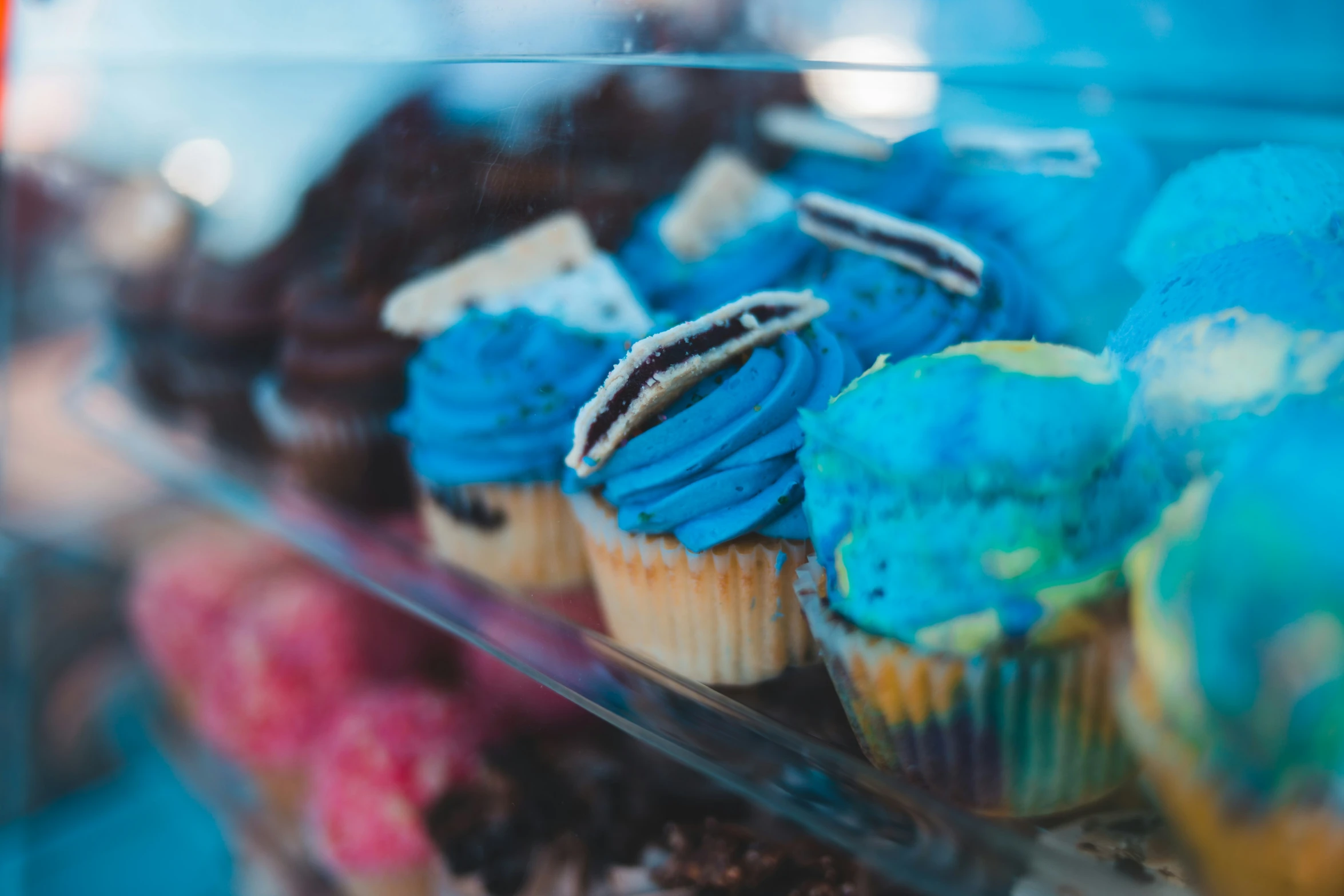 several different types of cupcakes sitting on display in a case