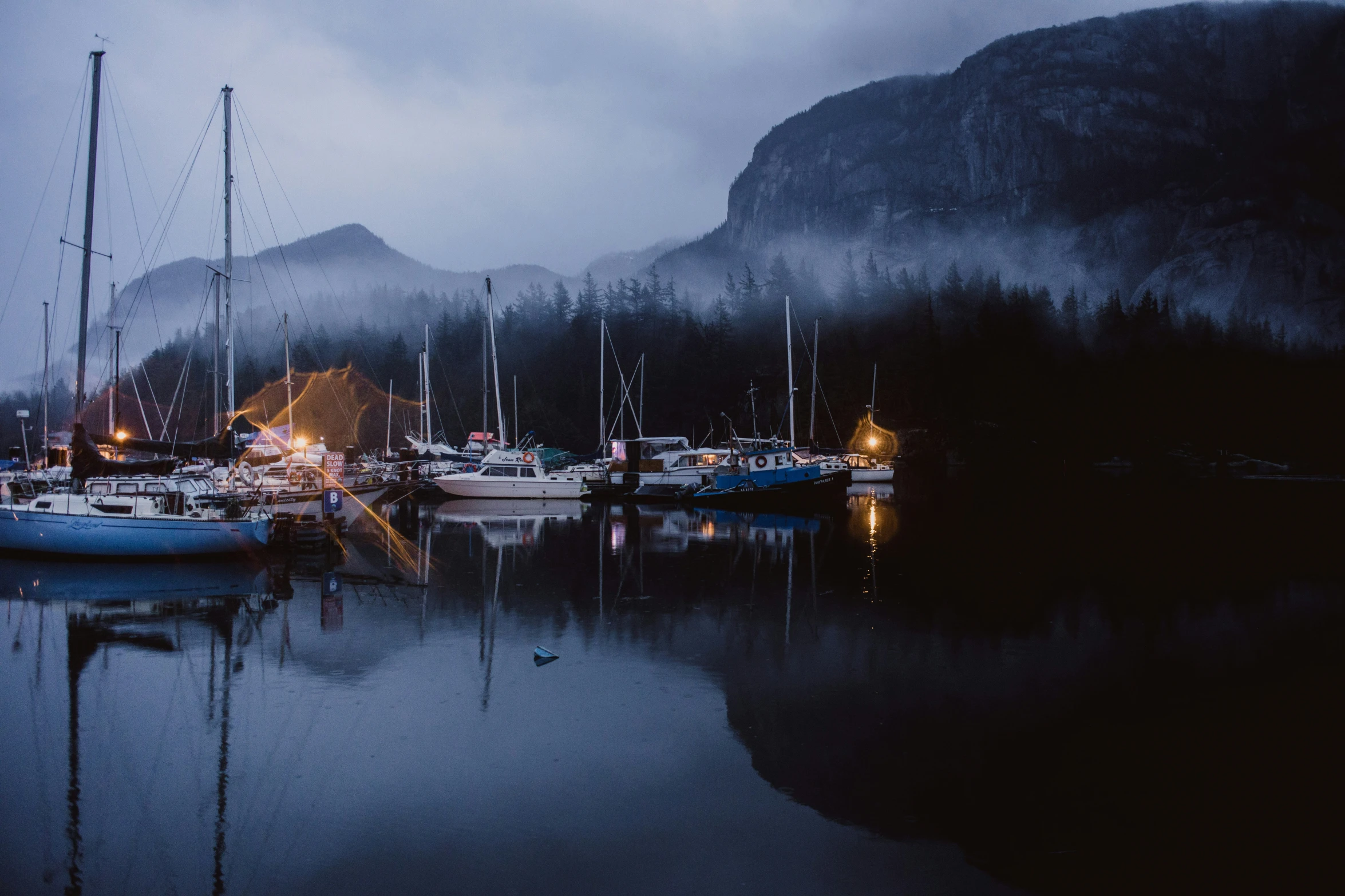 several sailboats moored in the lake with mountains in the distance