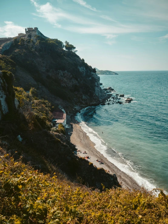 the cliff by the ocean has people walking along it