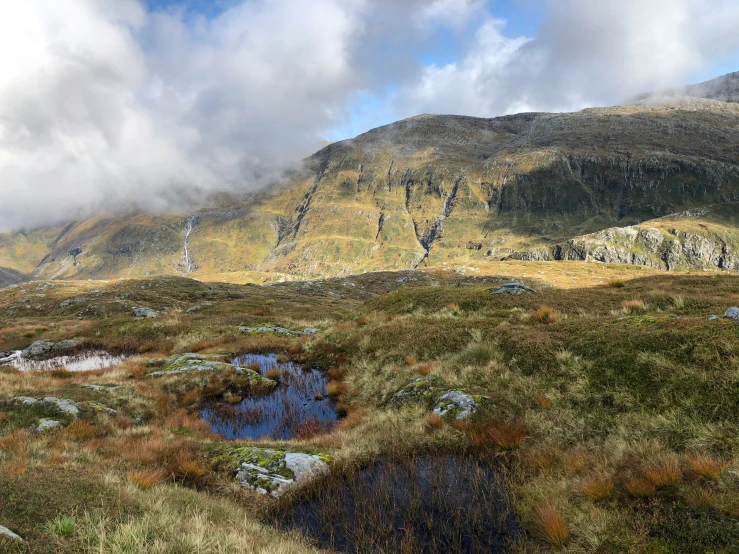 a large mountain side with many small dles of water