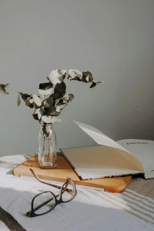 a vase with flowers and a book on a table