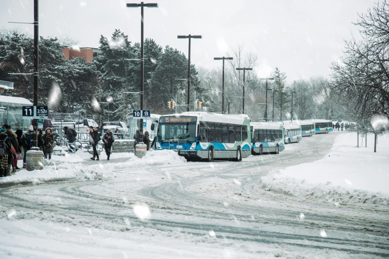 snow blankets the roadway in a city near several buses