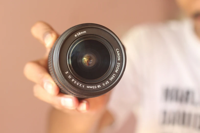 a camera lens with a person holding it in their hands