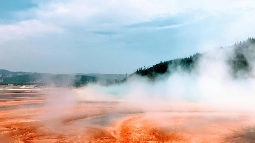 steam billowing from the ground near the woods