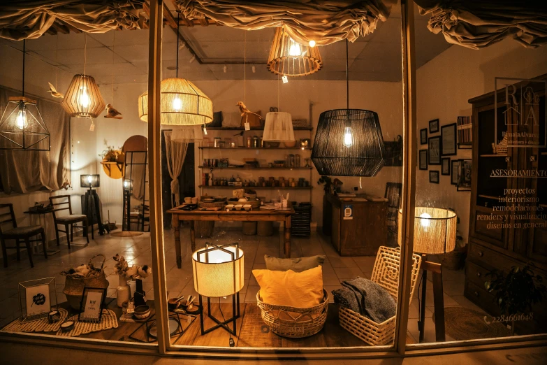 a room with lamps and other items in the background