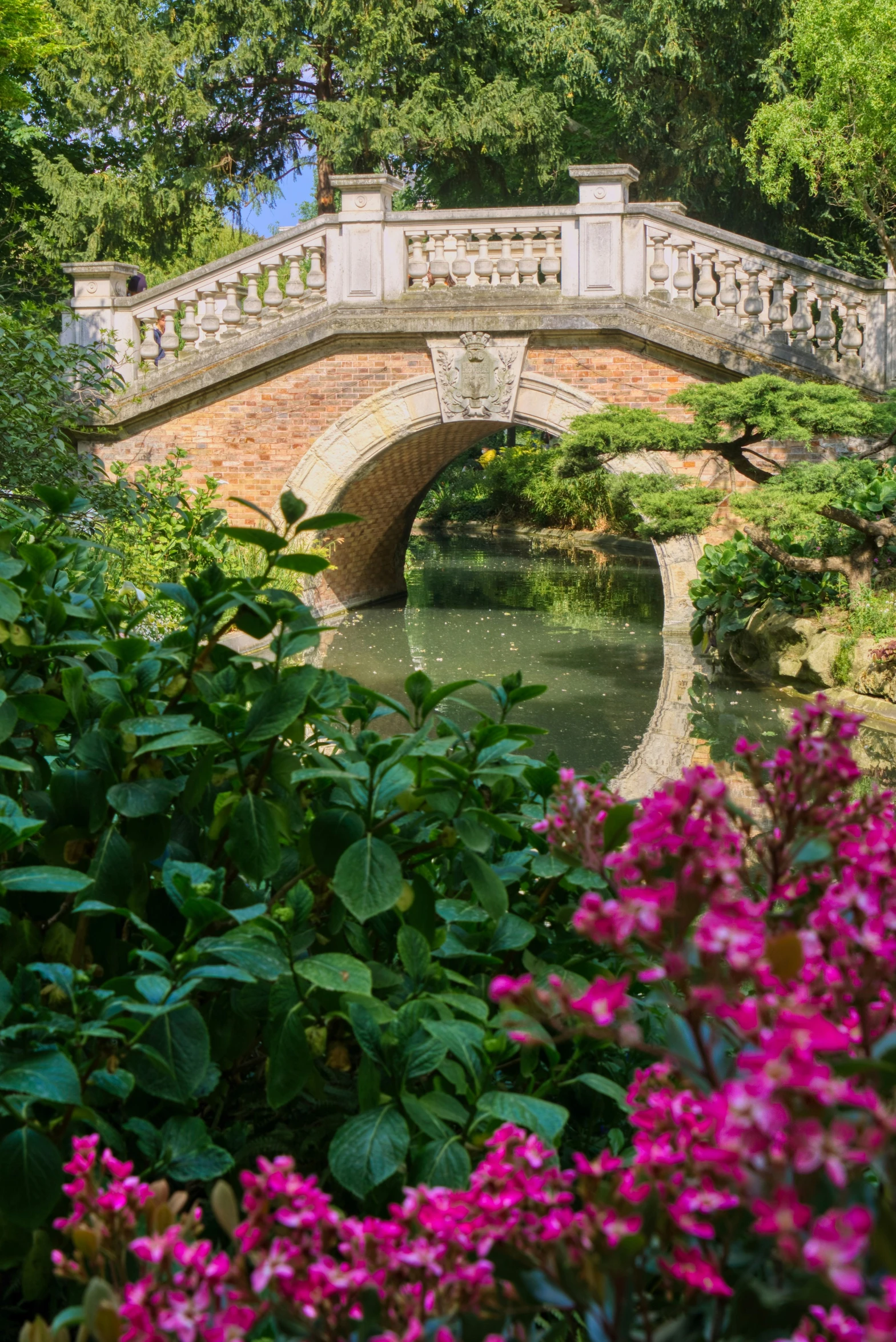 there is a bridge that leads to a garden in the park