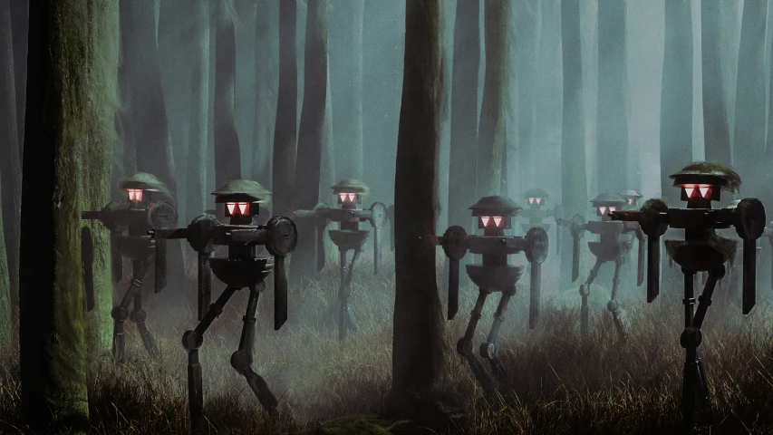 many robot with red eyes standing in the middle of the woods