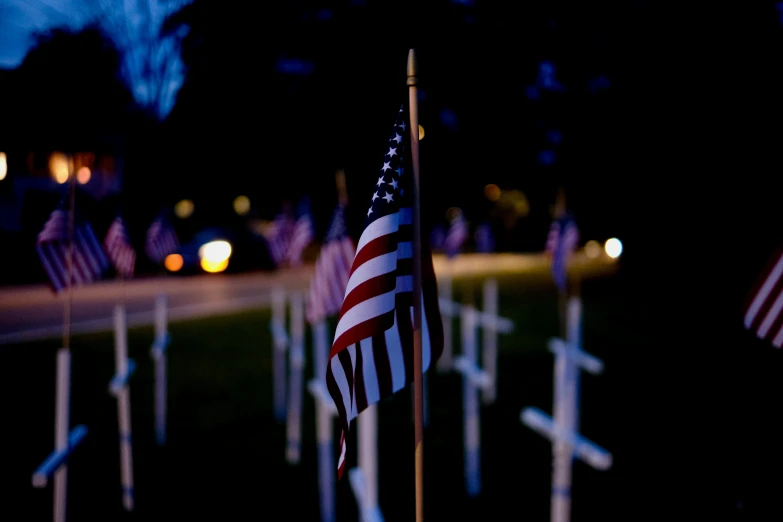 flags are laid in rows at the end of a grave