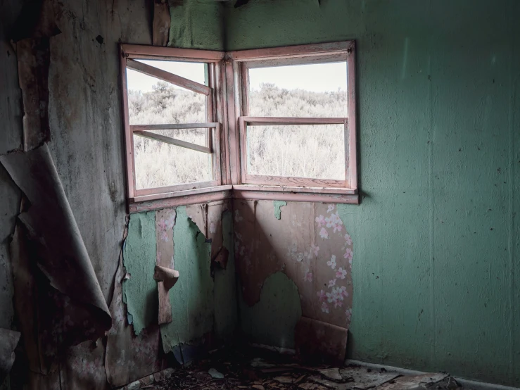 a dilapidated room with peeling paint and window