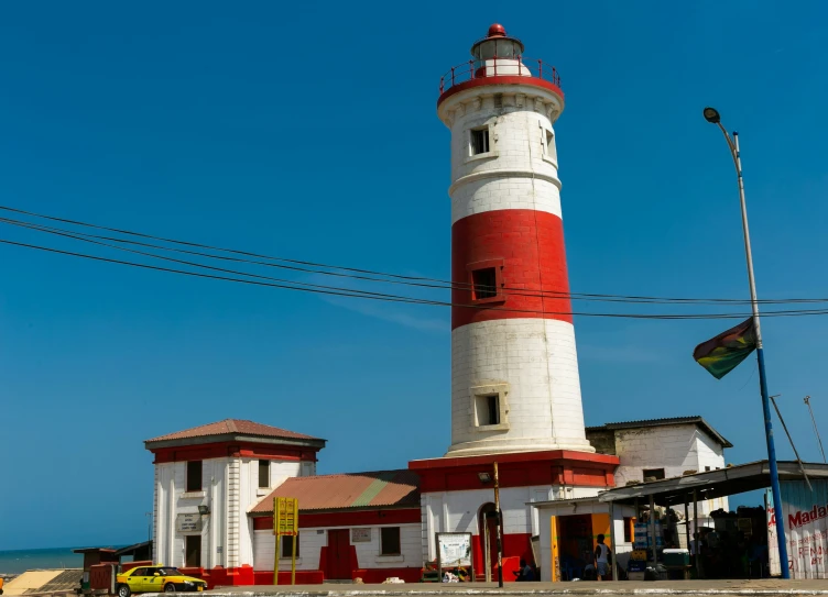 a lighthouse stands out against the blue sky