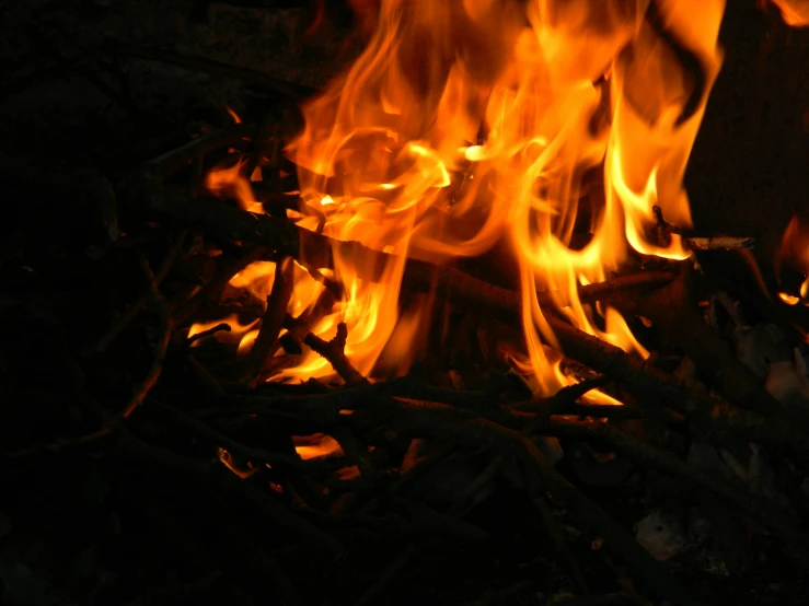 close up of an open fire with wood and flames