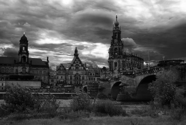 city with old buildings in the dark night