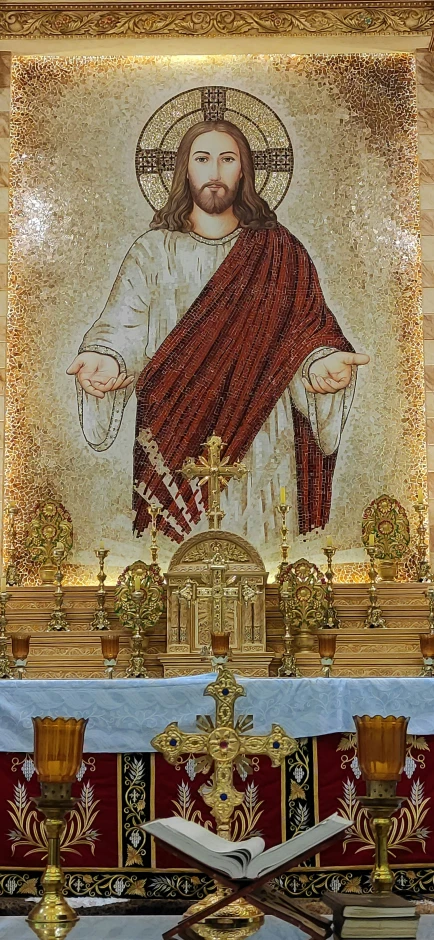 an elaborately decorated shrine with the icon of jesus