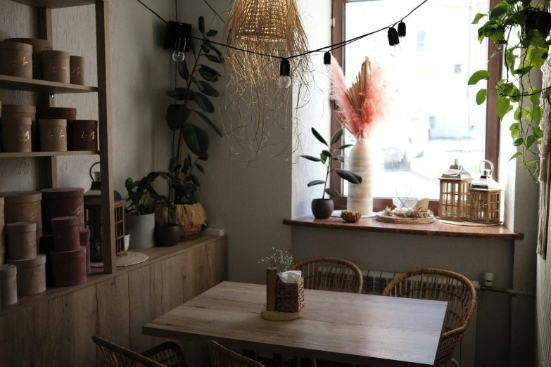 dining room table with a wooden shelf, potted plant and pots