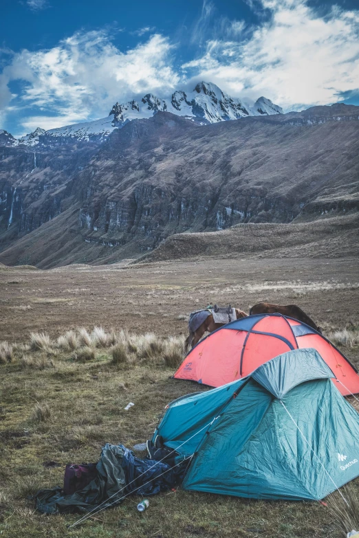 a couple of tents set up in the grass near mountains