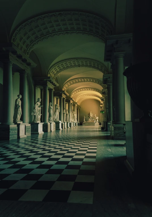 a very long and nice looking hall in the middle of a building