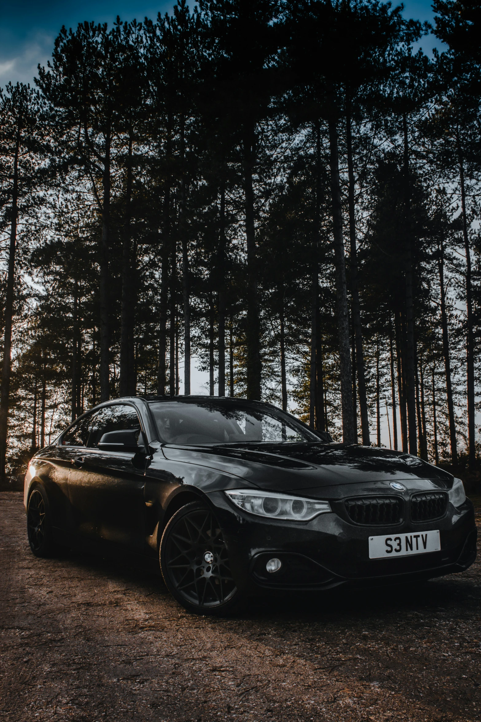 a black sports car is parked on the dirt beside some trees