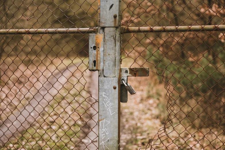 an old, rusty lock on the fence of a gate