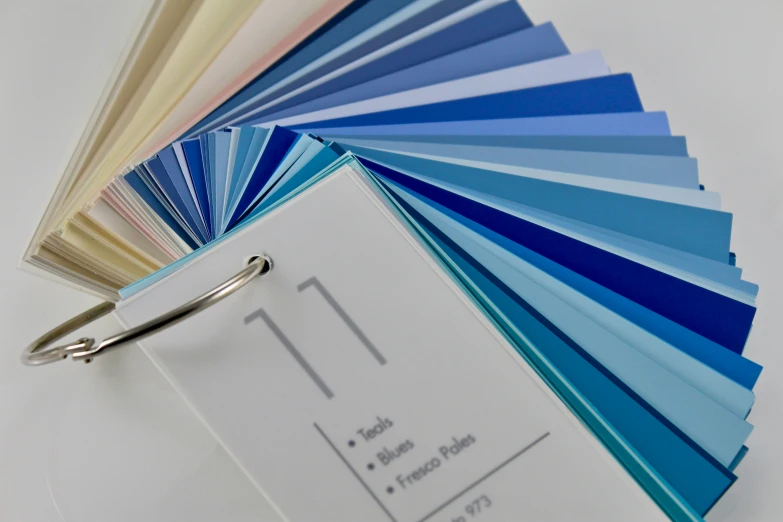 a binder, pen and color samples on top of a white table