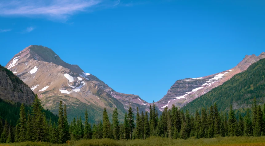 two large mountains rise in the background above grass and trees